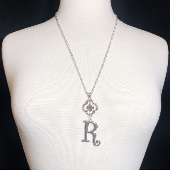 Initial R Monogram Letter Quatrefoil Silver & Gold Tone Long Necklace - Picture 1 of 2